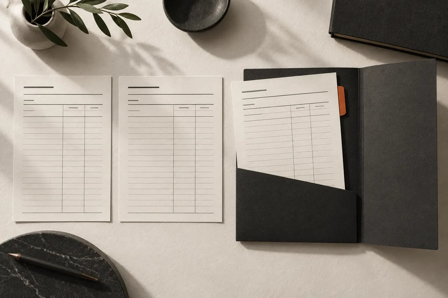 Paper statements organised into a charcoal folder with an orange tab.
