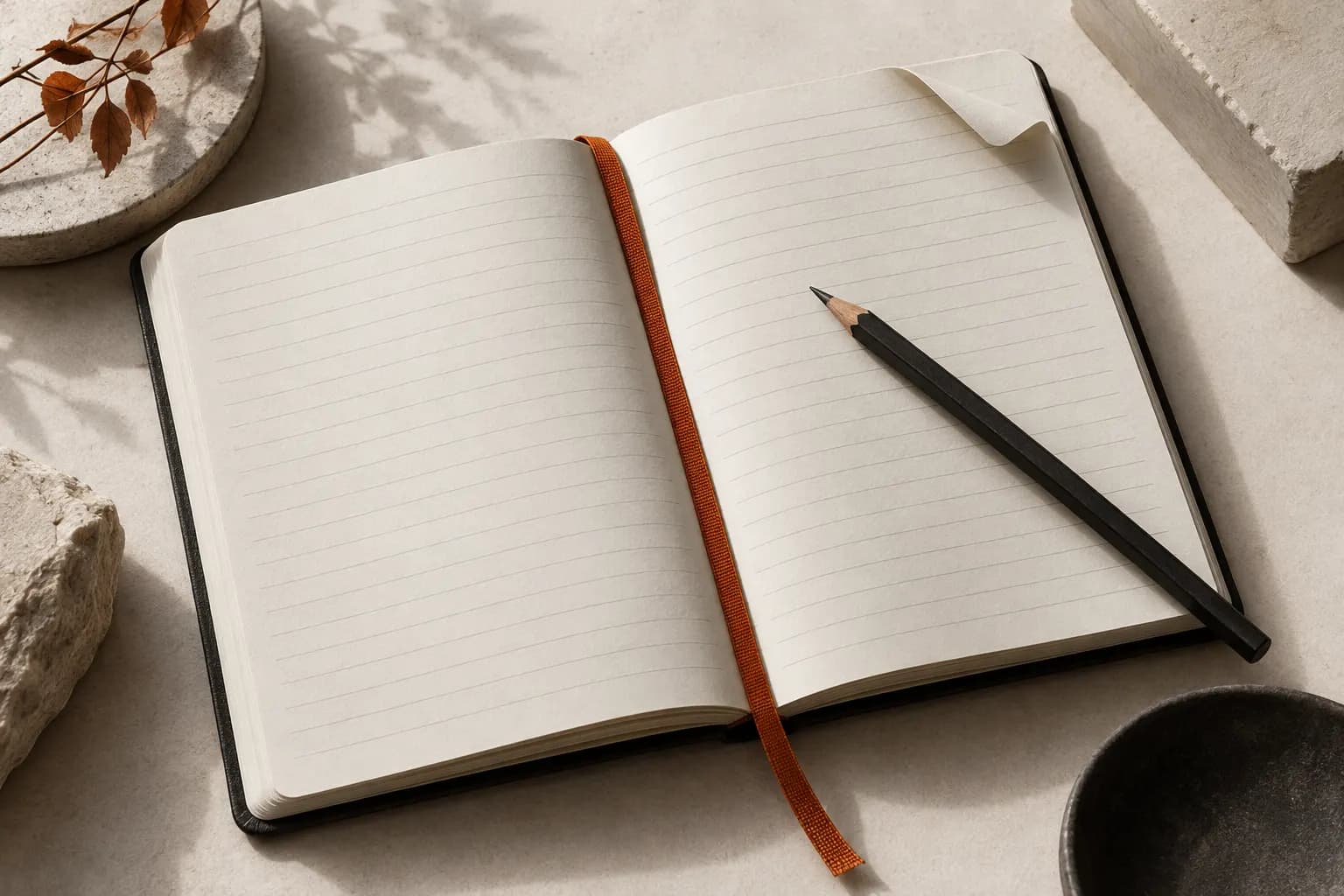 An open paper journal with an orange ribbon and a charcoal pencil.