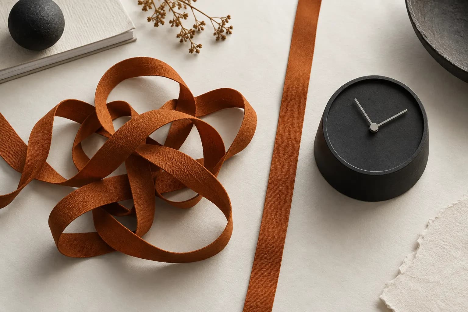 An orange ribbon loosens beside a timer, illustrating a pause before the next decision.