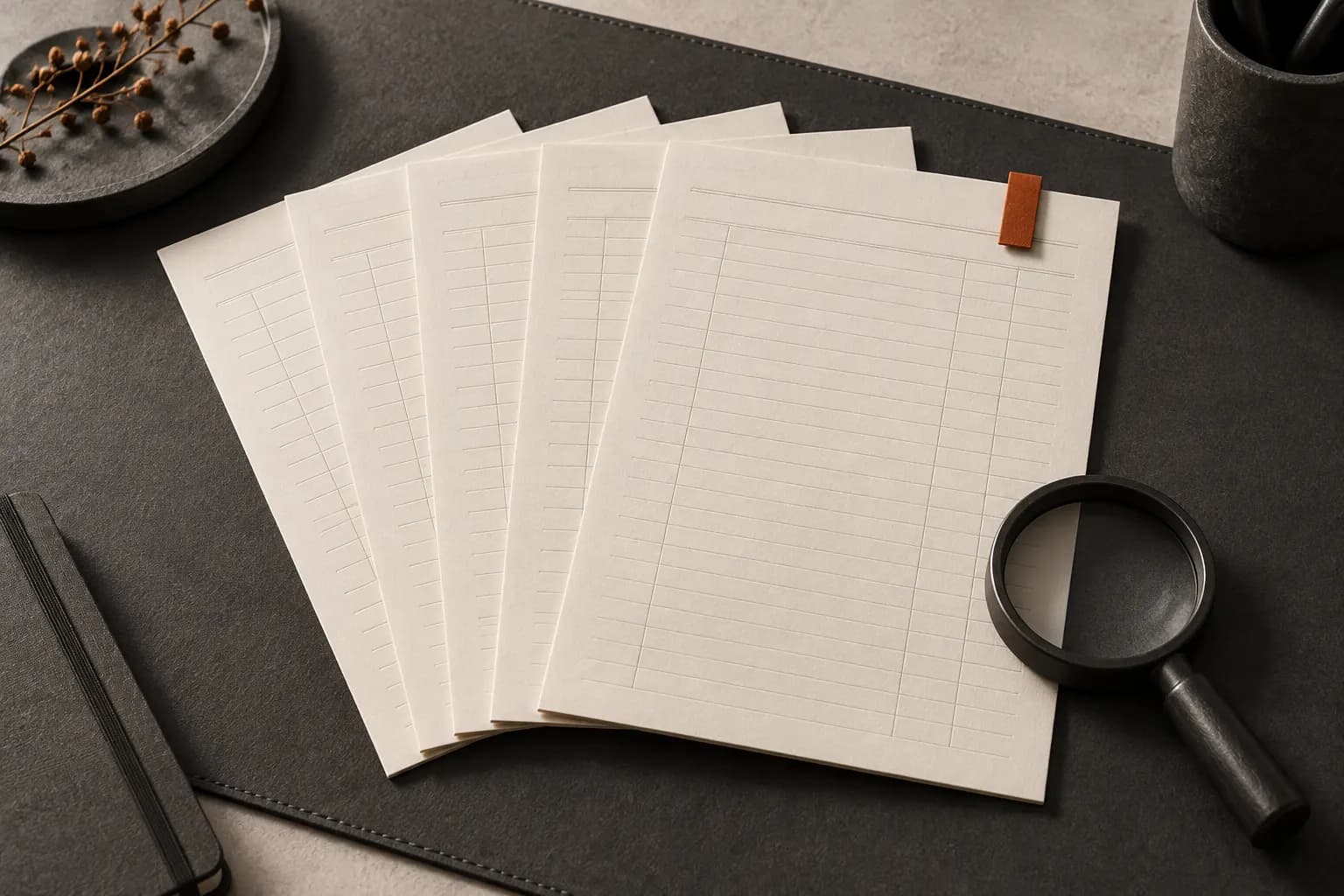 Ledger pages and a magnifying glass arranged for a weekly review.