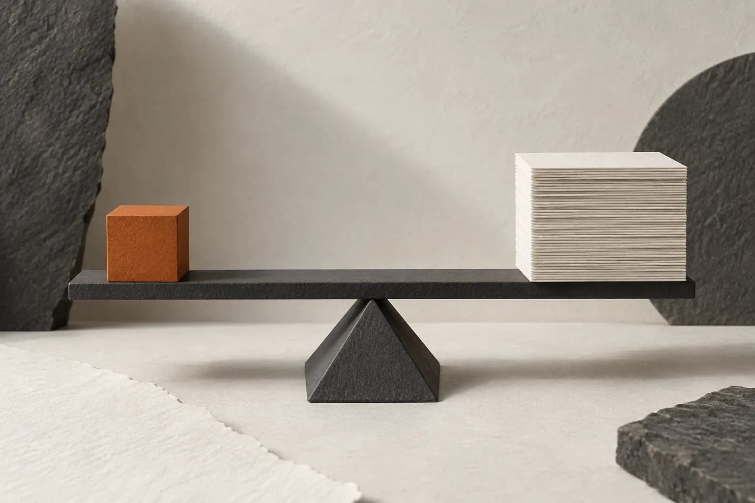 A balanced beam with an orange weight and carefully stacked paper, illustrating measured risk.