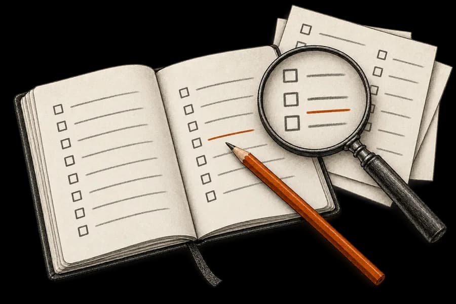A magnifying glass examines repeated checklist entries, with one observation underlined in orange.