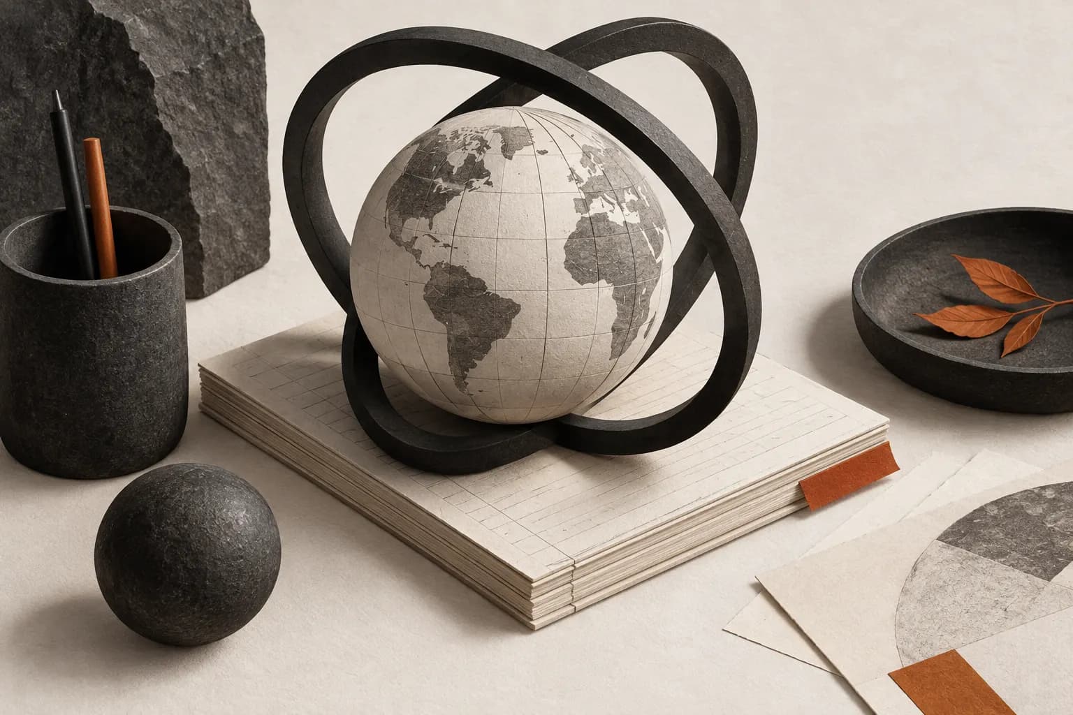 A globe resting beside ledger paper, illustrating a journal across markets.